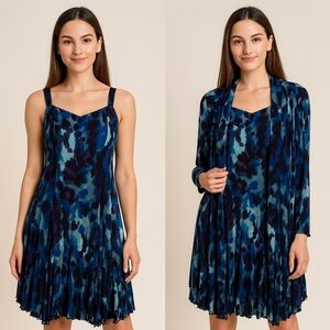 Vintage 2 Pieces Dress Jacket Elana Kattan 80s 90s Y2k Fit Flare Women's XL Blue